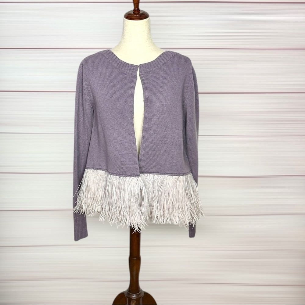 ANNA SAMMARONE Cashmere Lilac Cardigan Feather Hem Trim Open Front Italy 40
